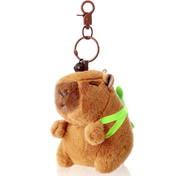 Capybara Plush Keychain with Strawberry Hat & Brass Bell